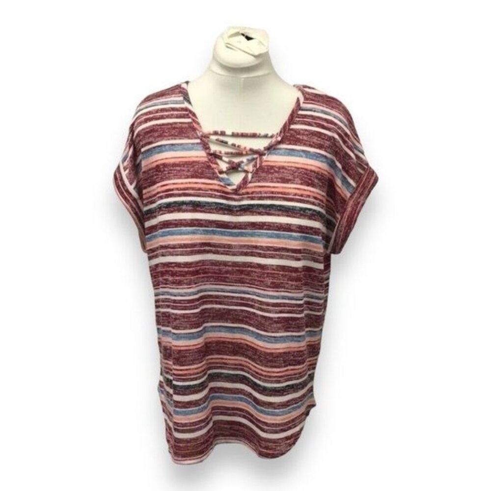 Almost Famous Women’s Short Rolled Cuff V Neck Stripe Sweater, size 2X